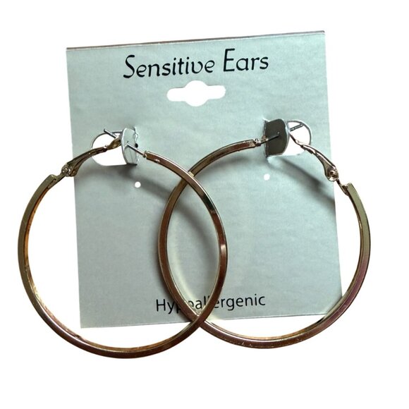 Jewelry - Brushed Gold Tone Hood Earrings-1.75 in Hoops-Sensitive Ears-Hypoallergenic-New